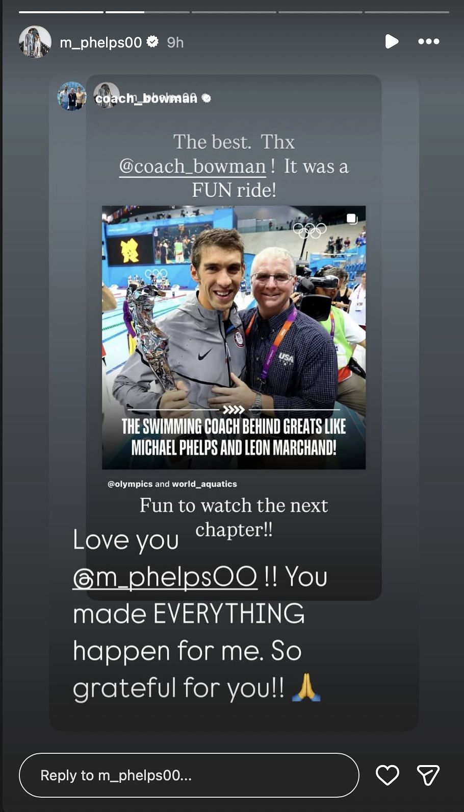 Bob Bowman reacts to Michael Phelps' tribute| Instagram@coach_bowman